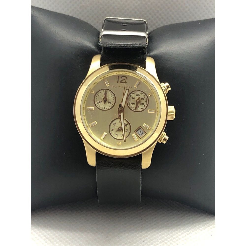 Michael Kors MK5384 Womens Black Leather Analog Champagne Dial Quartz Watch ZZ16